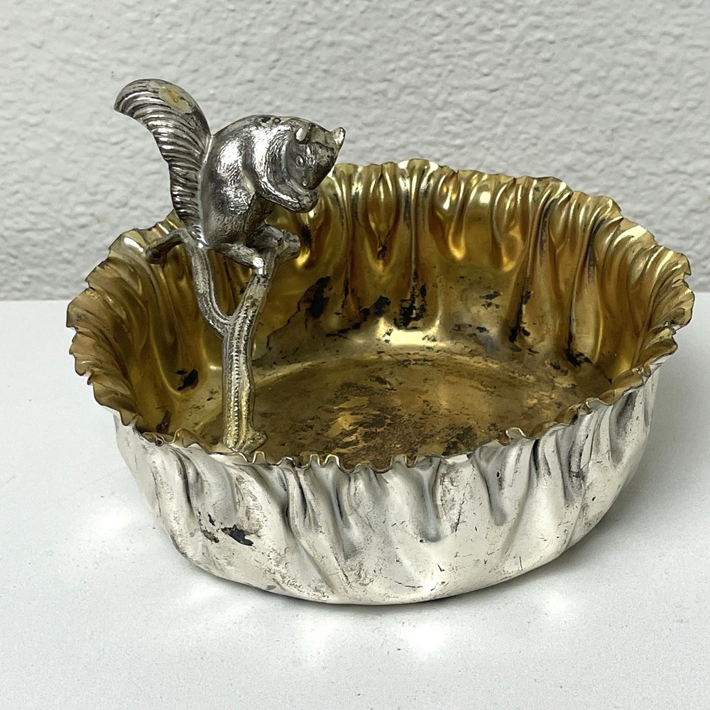 Antique ES Co Squirrel Nut Bowl Heavy Silver Plate 24K Gold Lined c1900